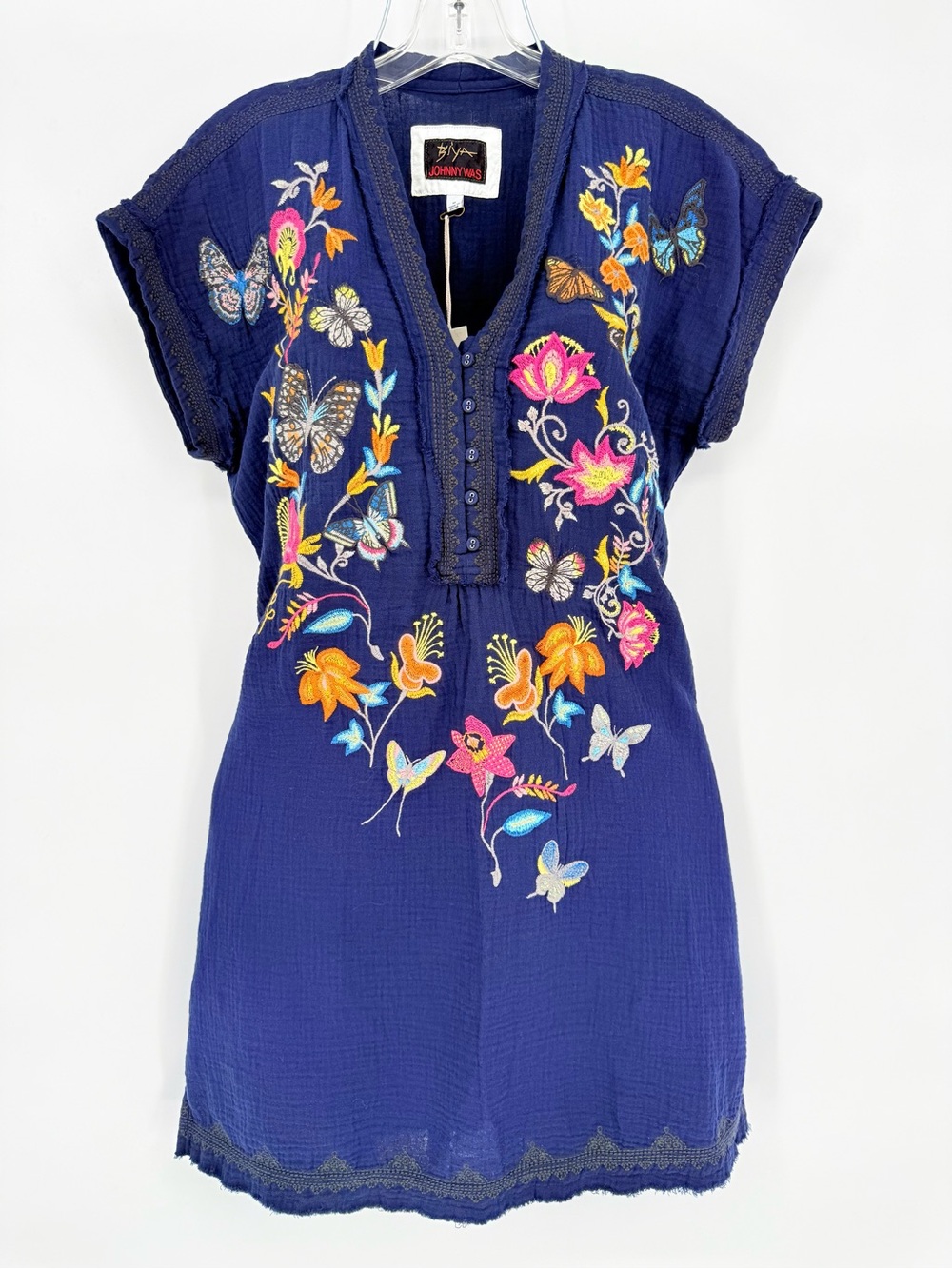 NEW Johnny Was Biya Zippy Tunic Dress Borboleta Blue Butterfly Embroidered Med M - Picture 2 of 13